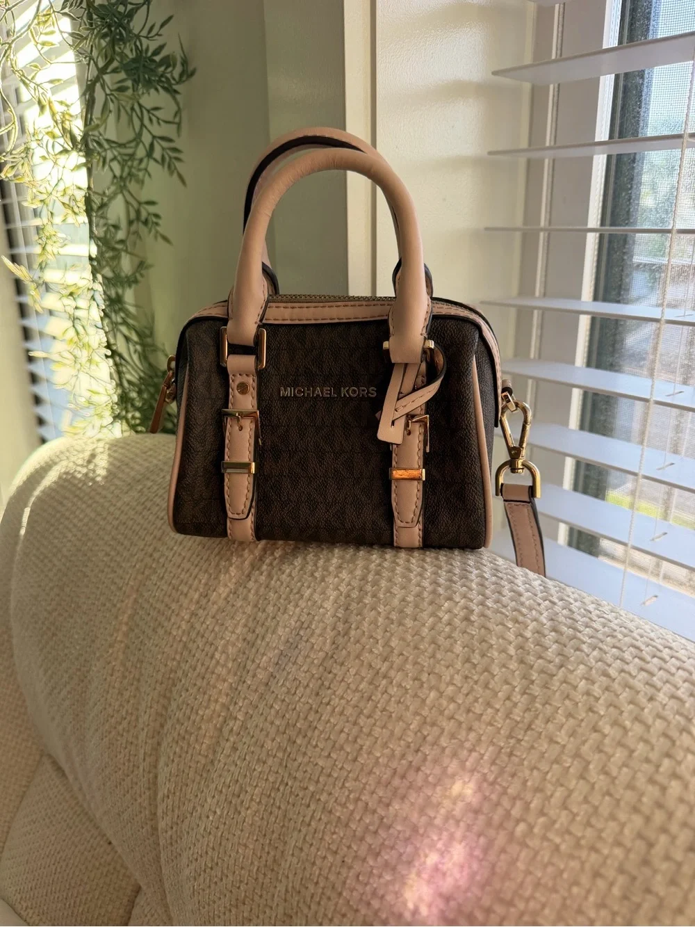 Michael Kors Brown Logo Mini Satchel with Pale Pink Trim